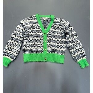 ON 34th Cardigan Women's Medium Fair Isle Knit Green Trim Button Front Sweater